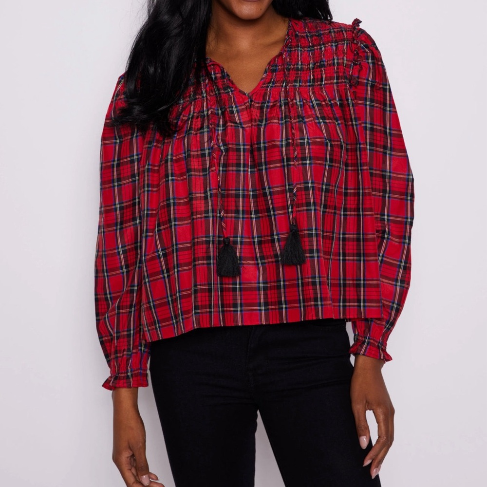 Sail to Sable Tartan Long Sleeve Tassel Front Blouse - Red
